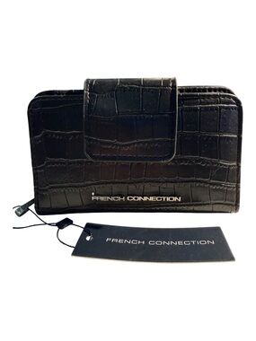 French Connection Emmy Croco Fold Zipper Wallet Black NWT